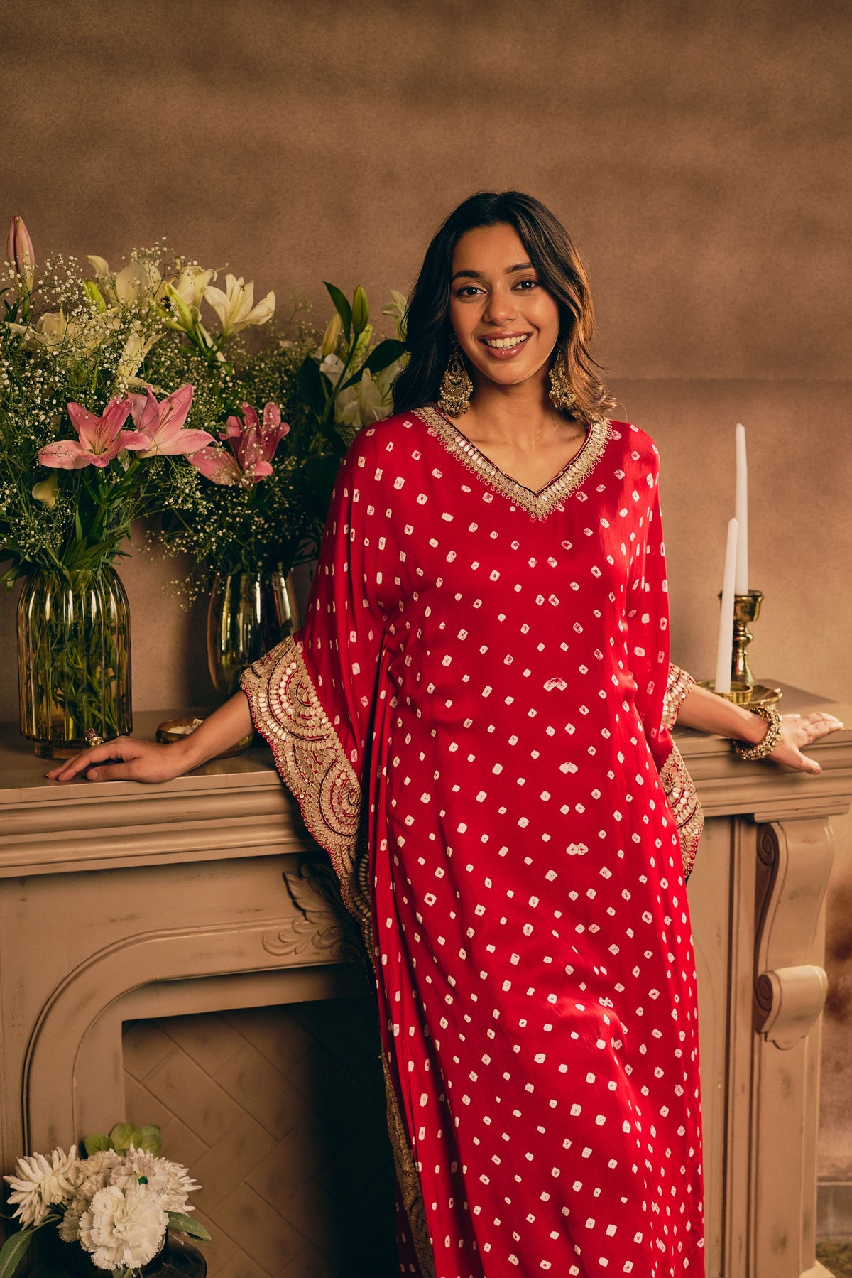 Scarlet Bandhej Embellished Crepe Silk Kaftan Set