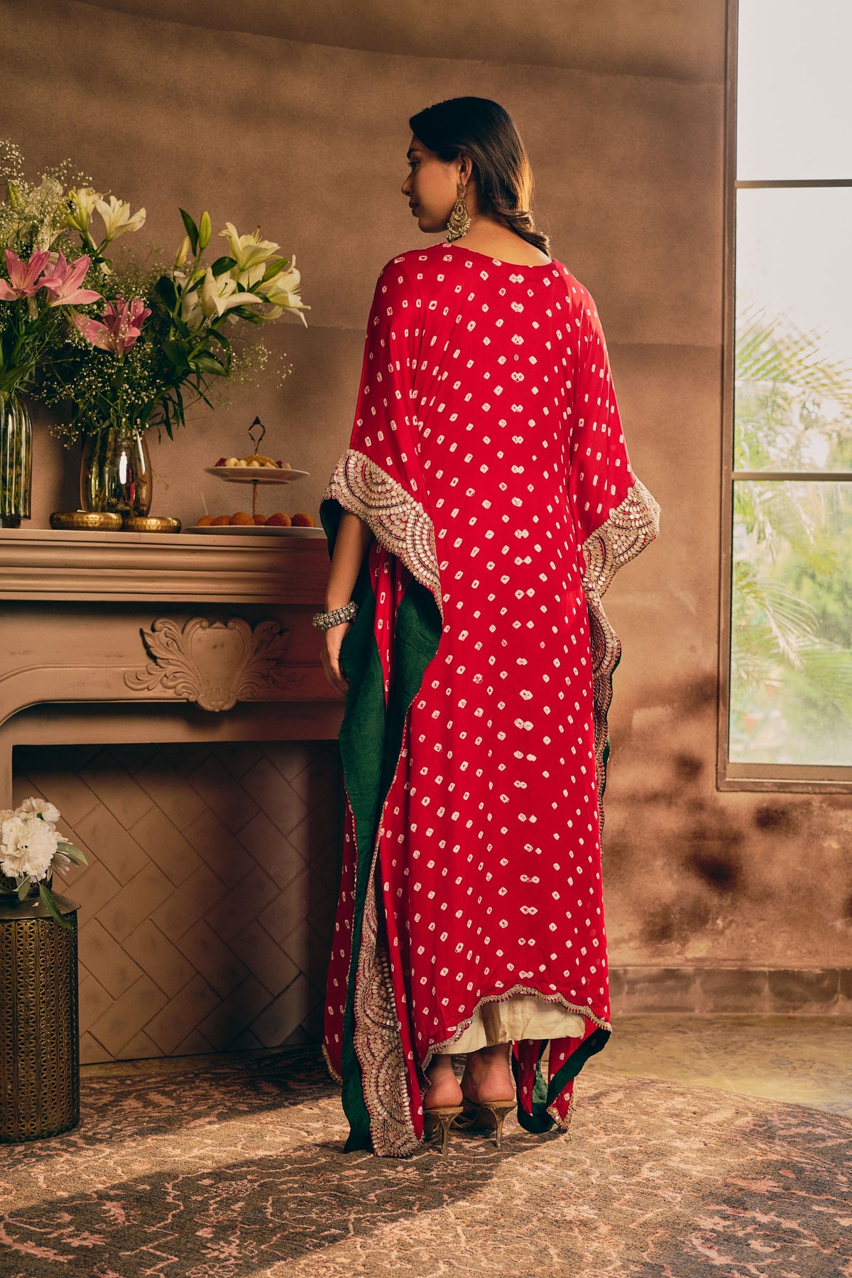 Scarlet Bandhej Embellished Crepe Silk Kaftan Set