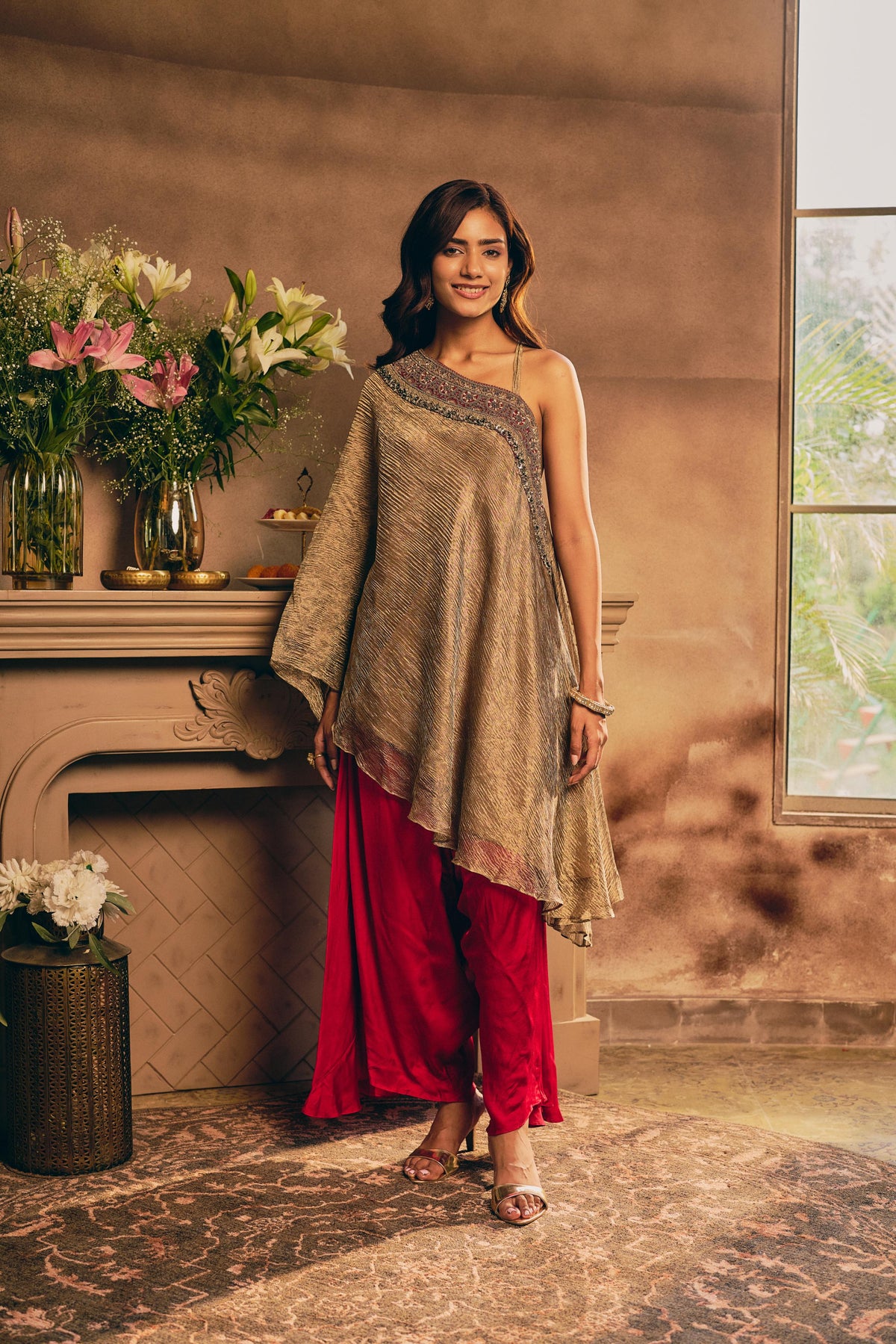 Metallic Gold & Red Embellished Crushed Tissue Palazzo Set