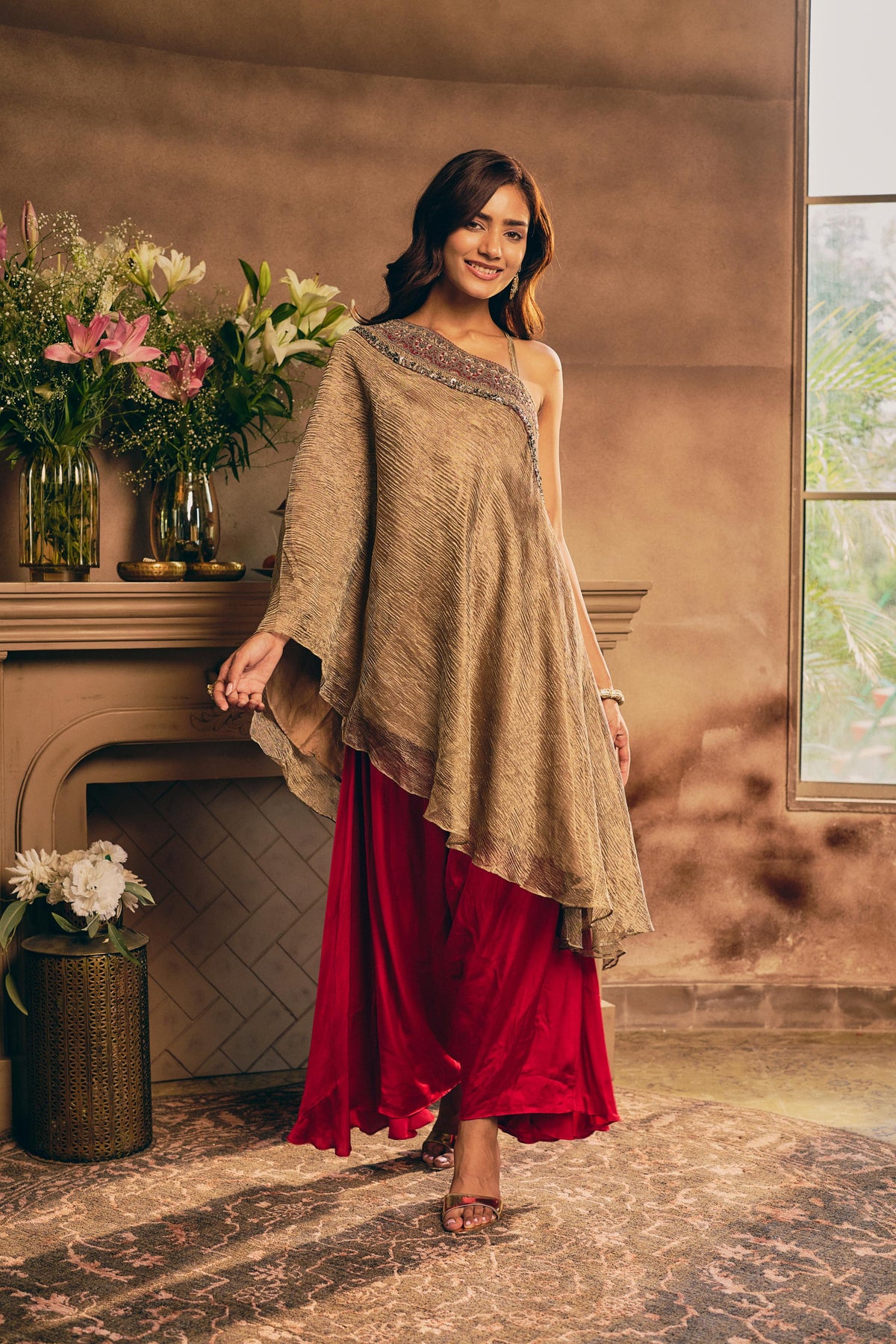 Metallic Gold & Red Embellished Crushed Tissue Palazzo Set