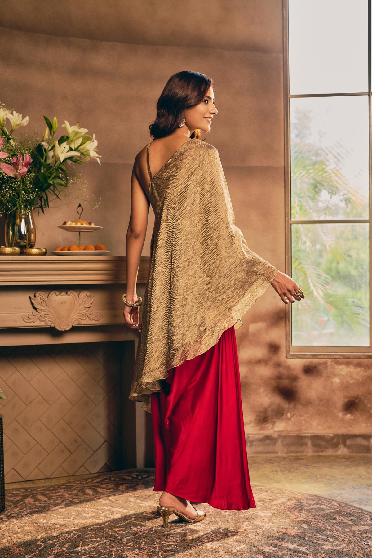 Metallic Gold & Red Embellished Crushed Tissue Palazzo Set
