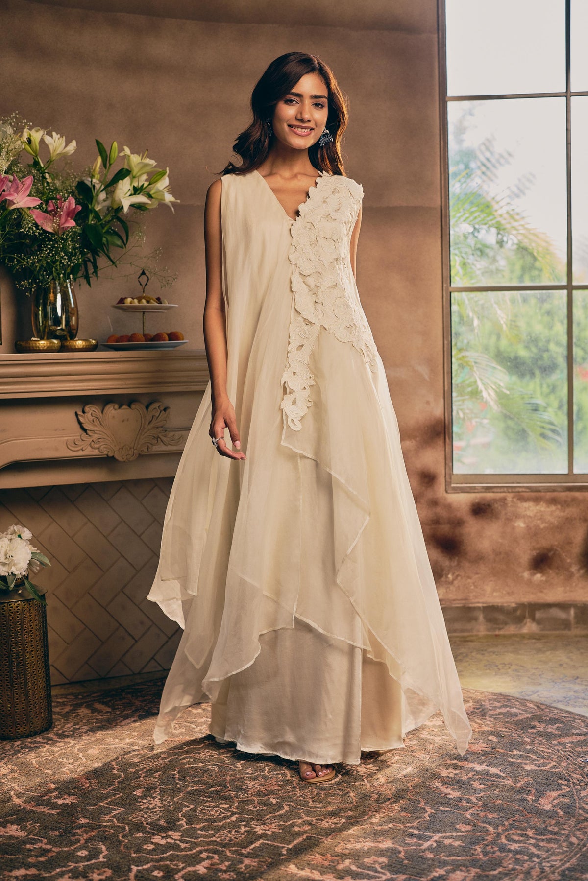 Ivory Cream Embellished Organza Silk Dress
