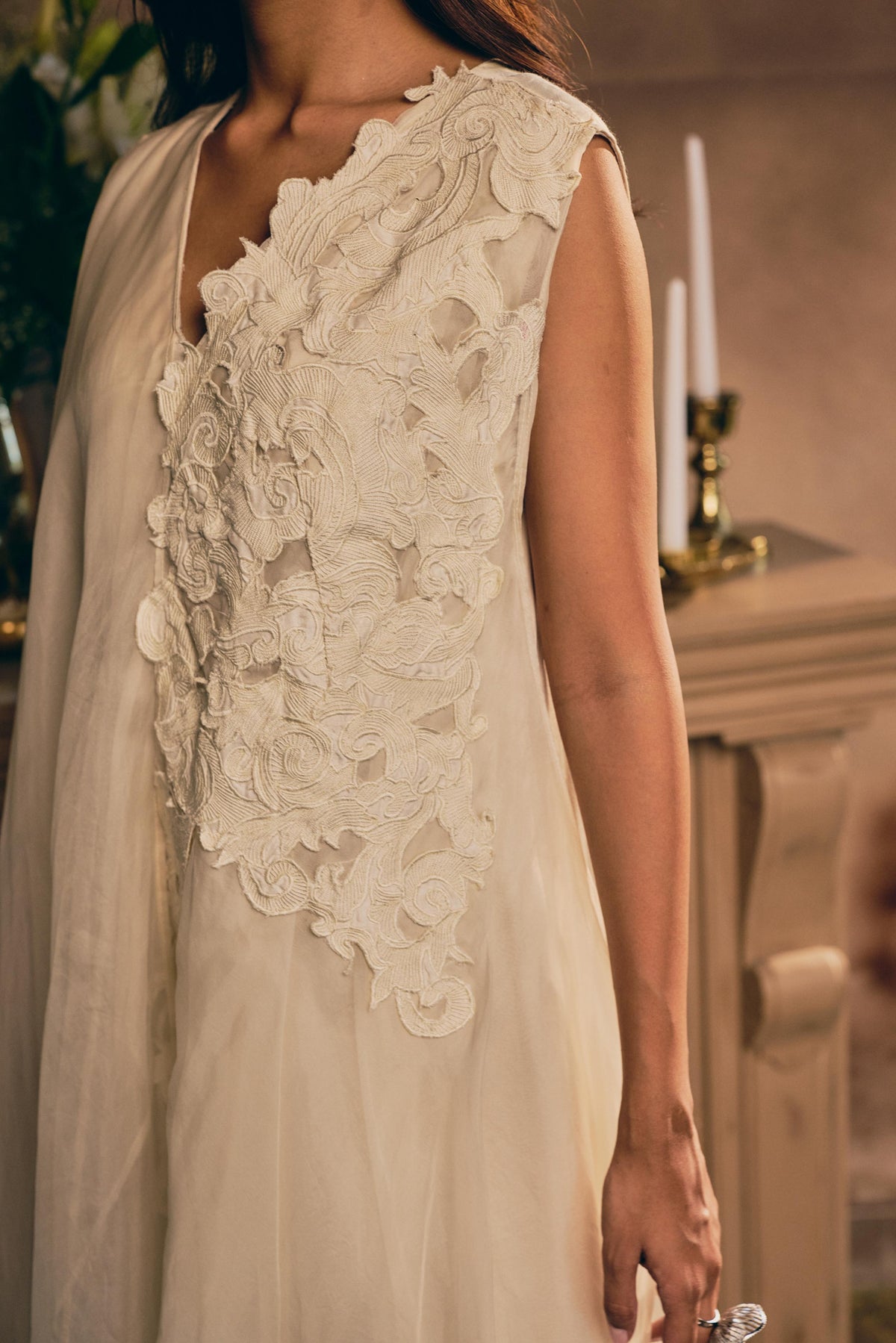 Ivory Cream Embellished Organza Silk Dress