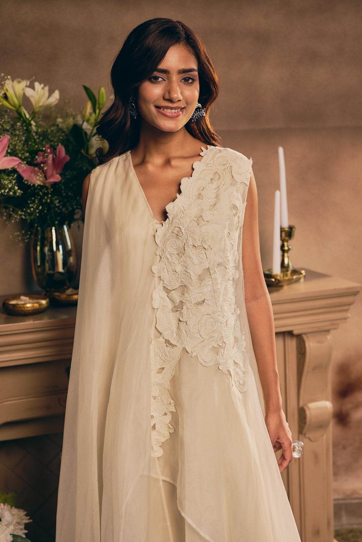 Ivory Cream Embellished Organza Silk Dress