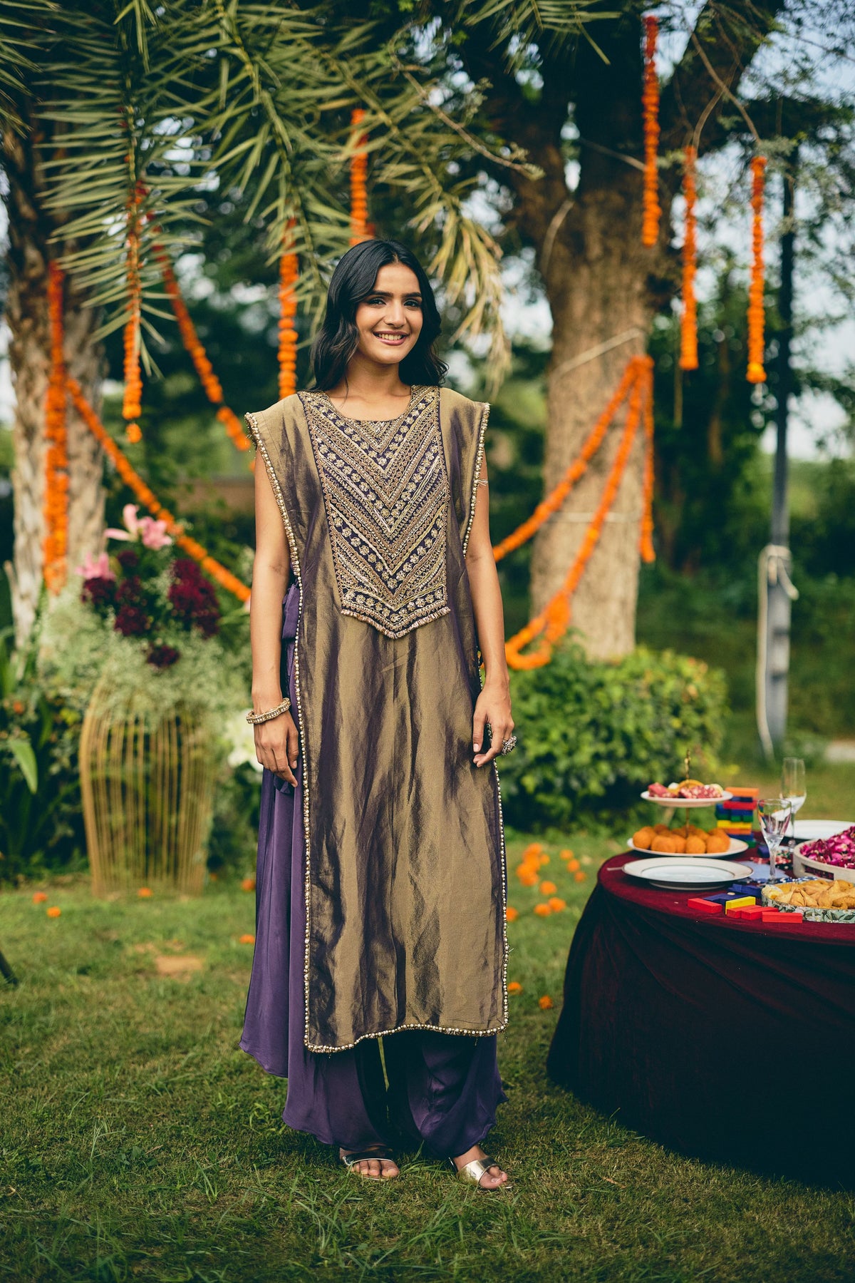 Purple Shine Embellished Shimmer Tissue Silk Pant Set