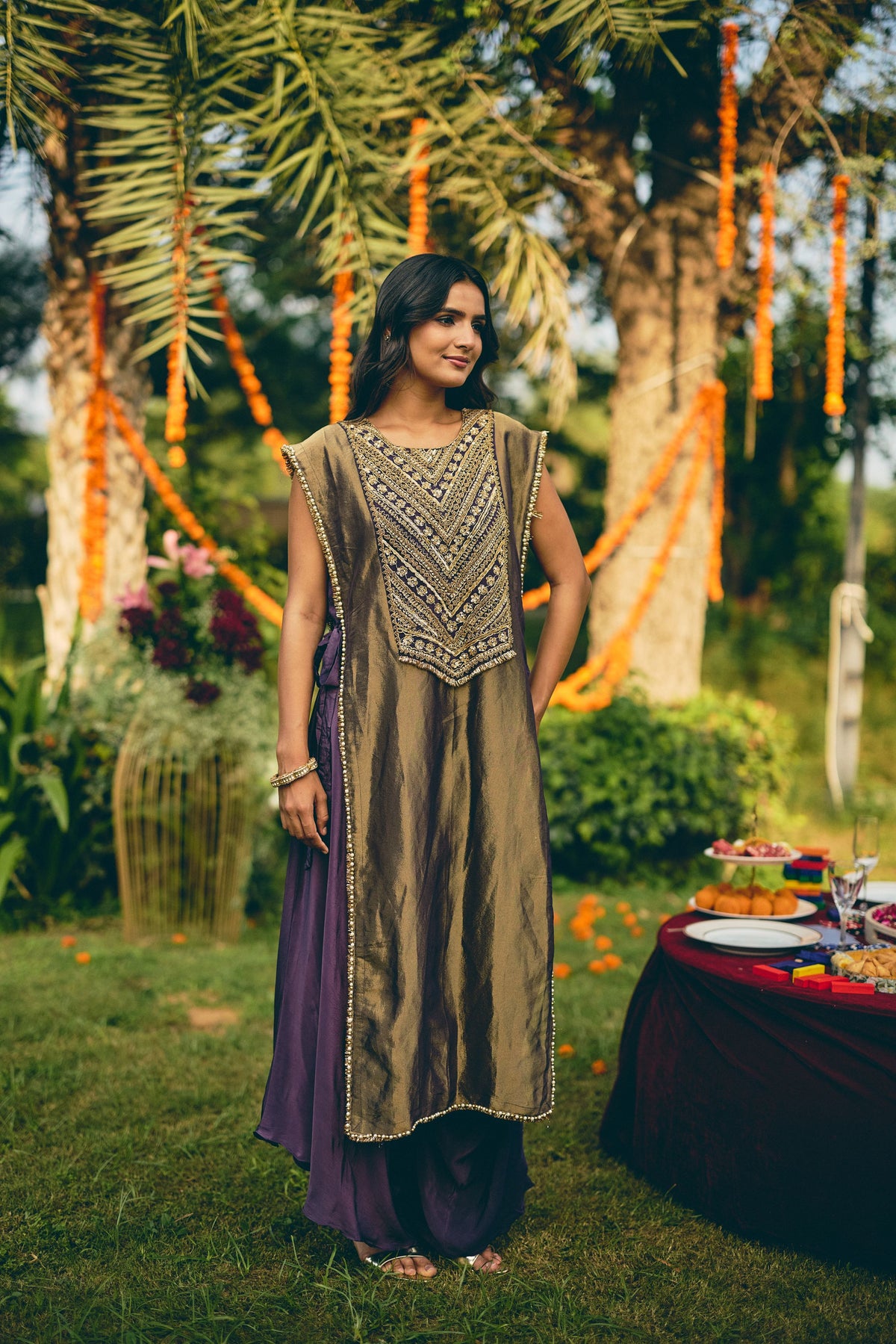 Purple Shine Embellished Shimmer Tissue Silk Pant Set
