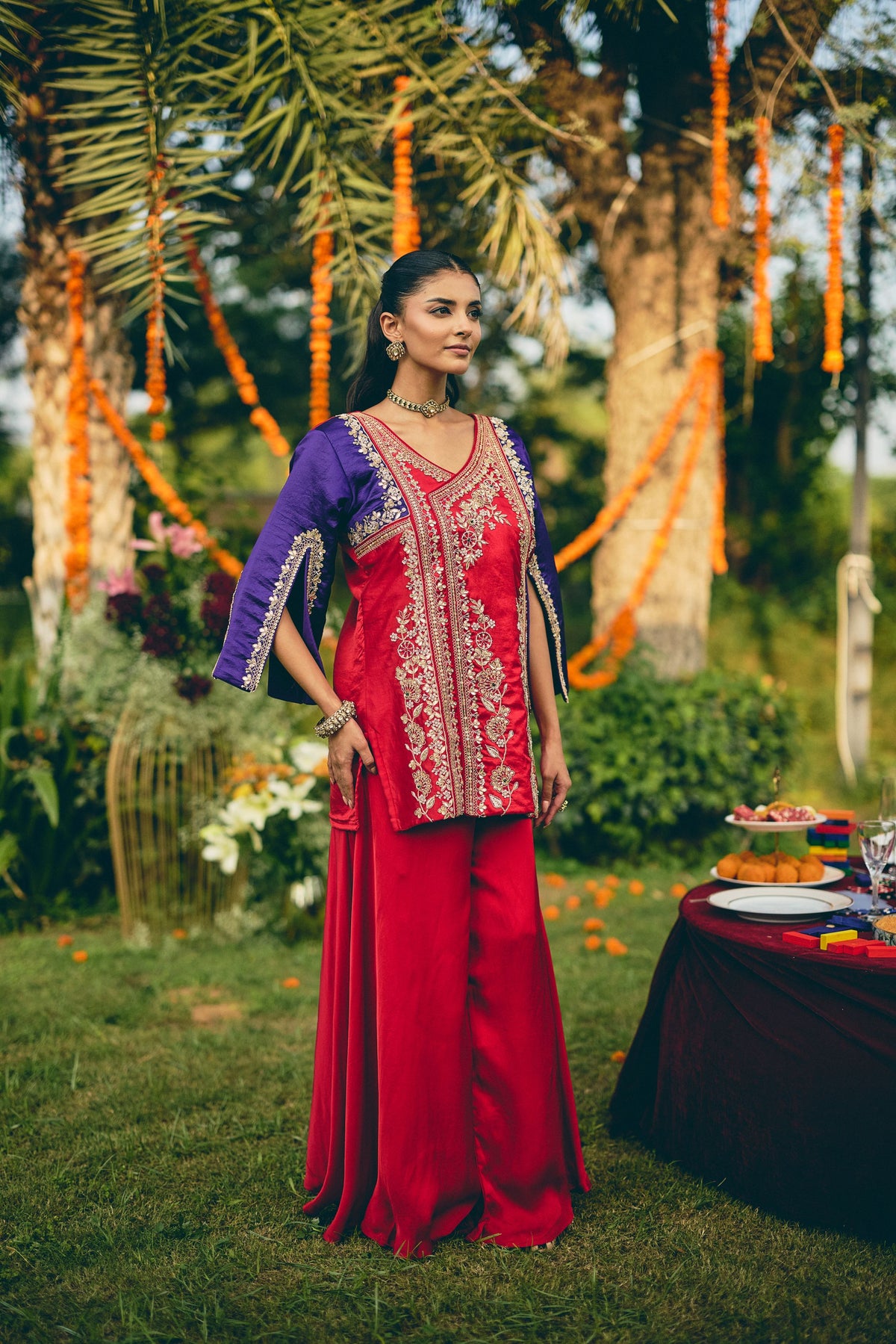 Crimson Purple Embellished Premium Silk Palazzo Set