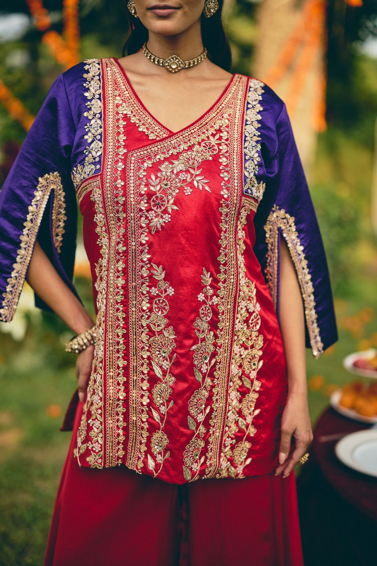 Crimson Purple Embellished Premium Silk Palazzo Set