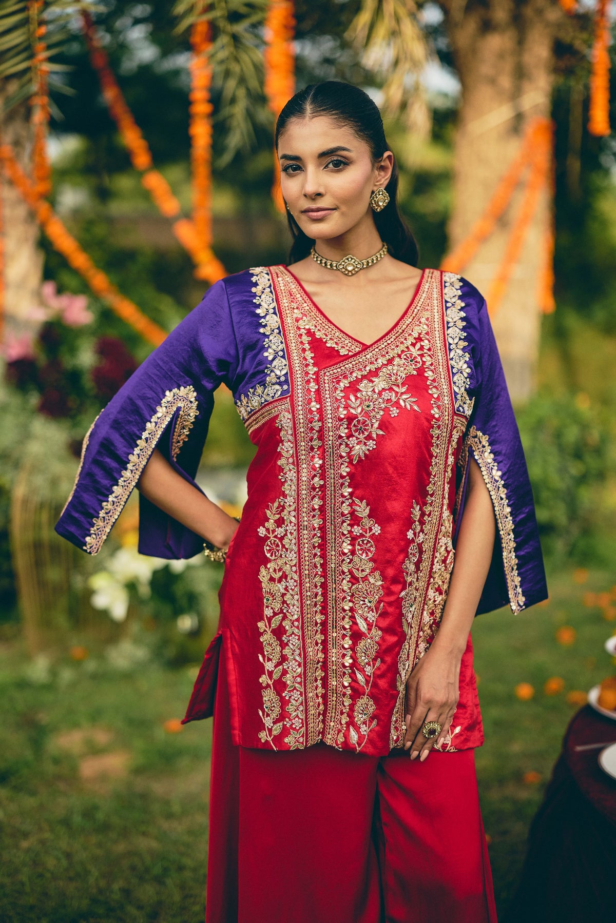 Crimson Purple Embellished Premium Silk Palazzo Set