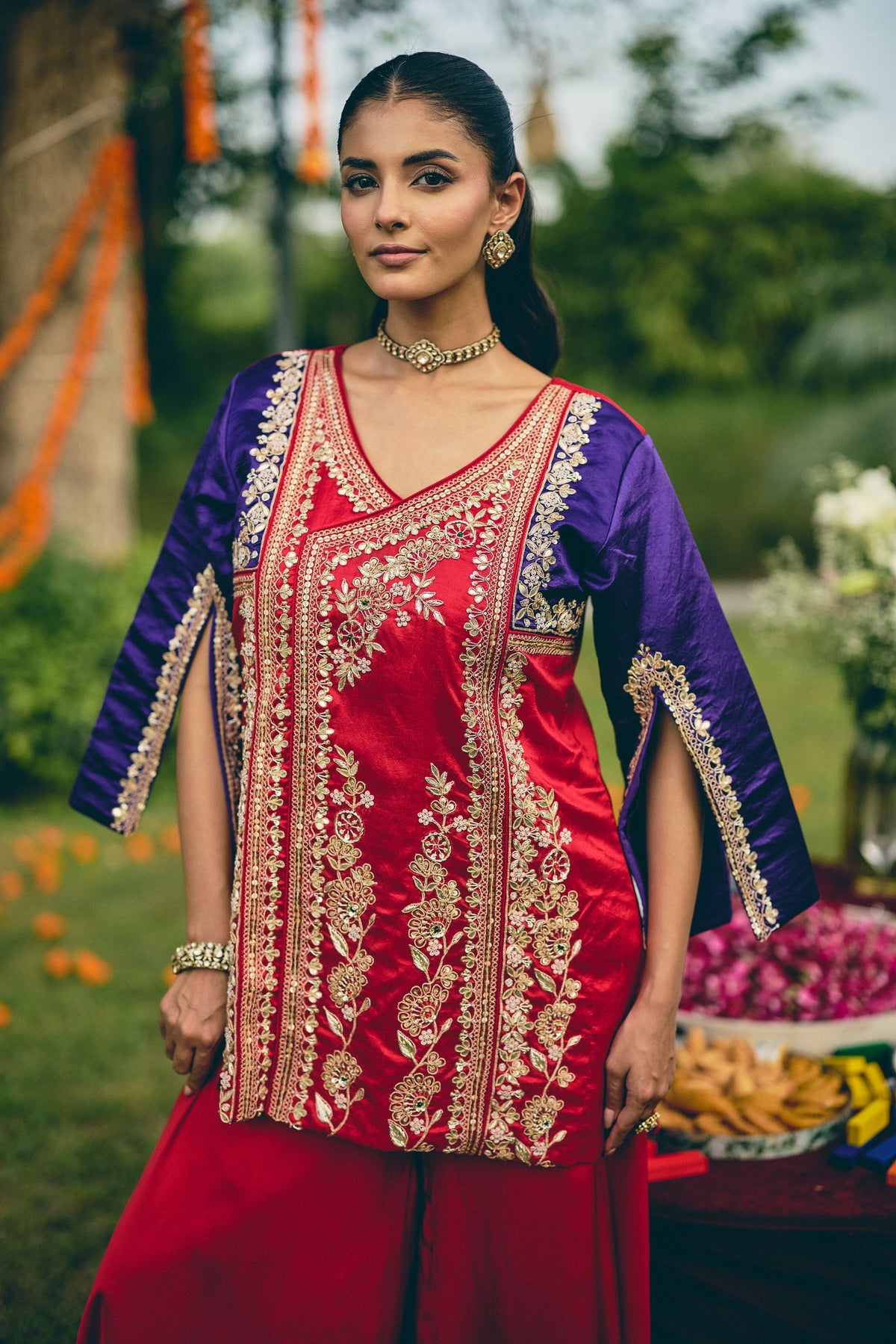 Crimson Purple Embellished Premium Silk Palazzo Set