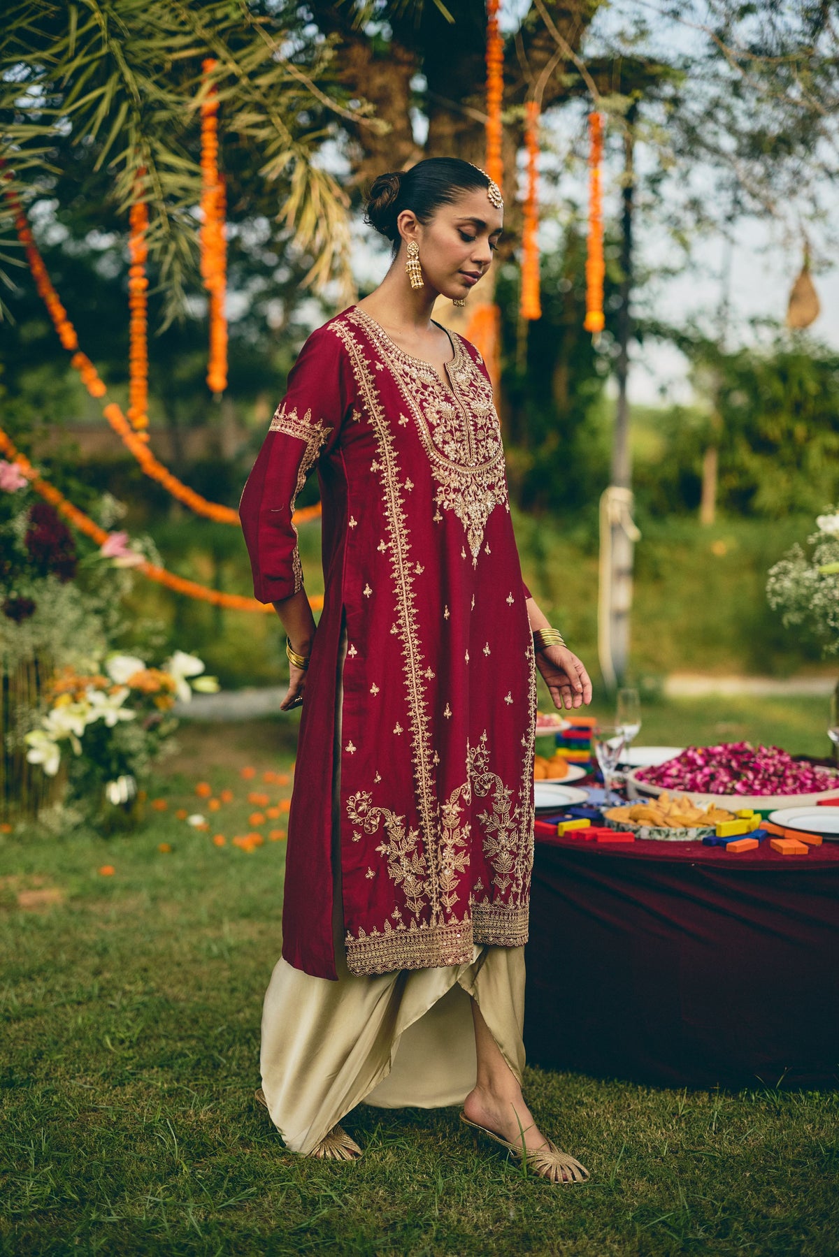 Burgundy Embellished Raw Silk Skirt Set