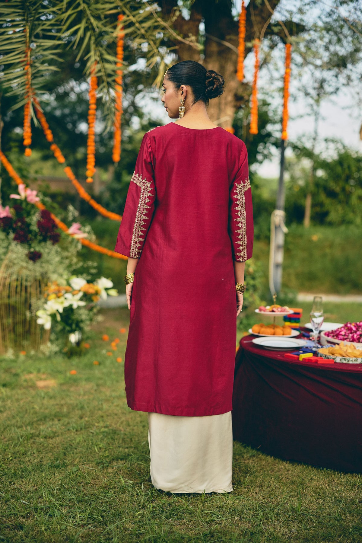 Burgundy Embellished Raw Silk Skirt Set