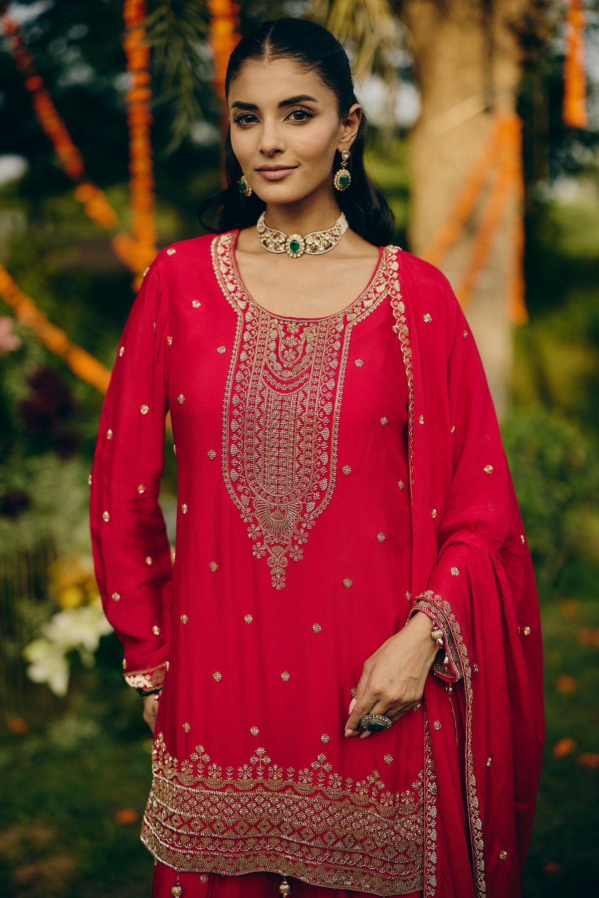 Hot Pink Embellished Chinon Silk Palazzo Set