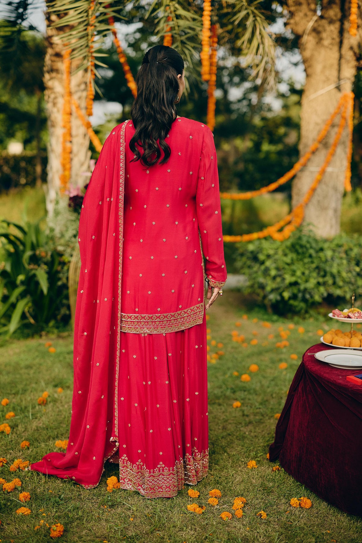 Hot Pink Embellished Chinon Silk Palazzo Set
