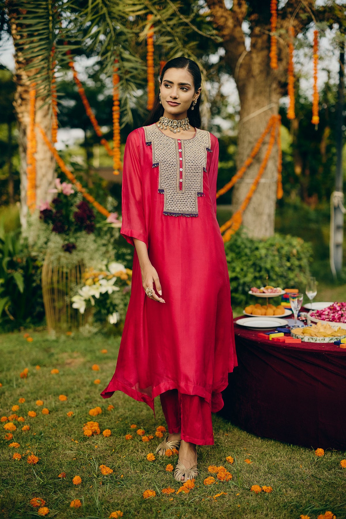 Pink Magenta Embellished Organza Silk Pant Set