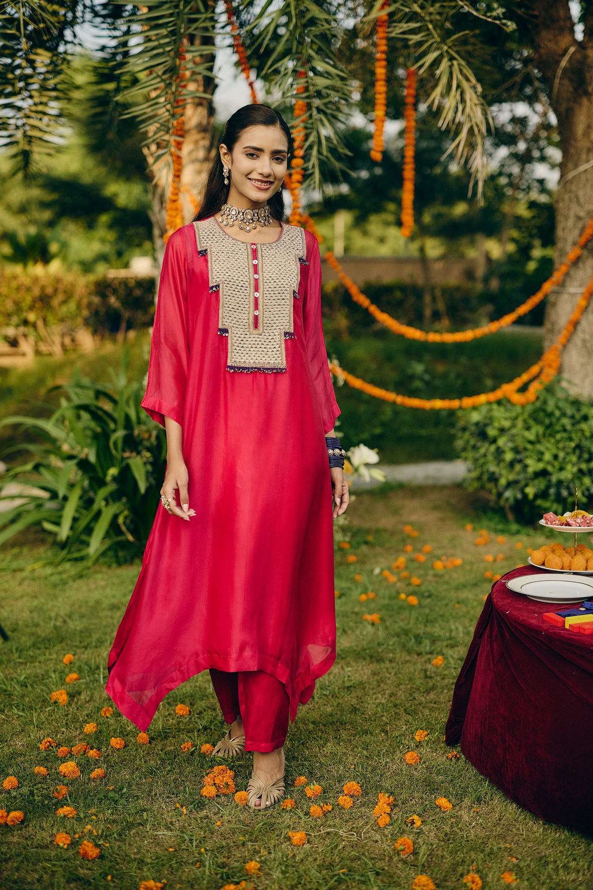 Pink Magenta Embellished Organza Silk Pant Set