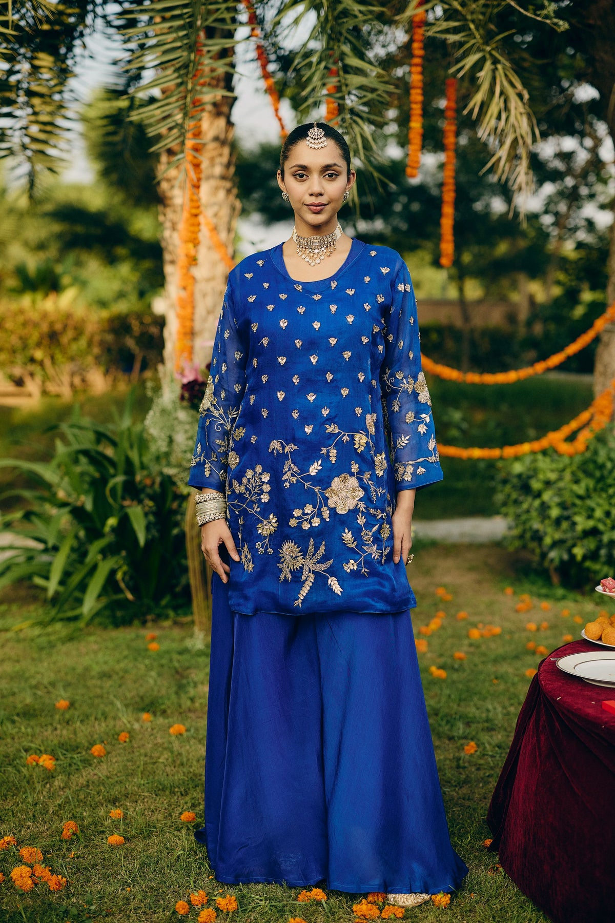 Cobalt Blue Embellished Organza Silk Palazzo Set