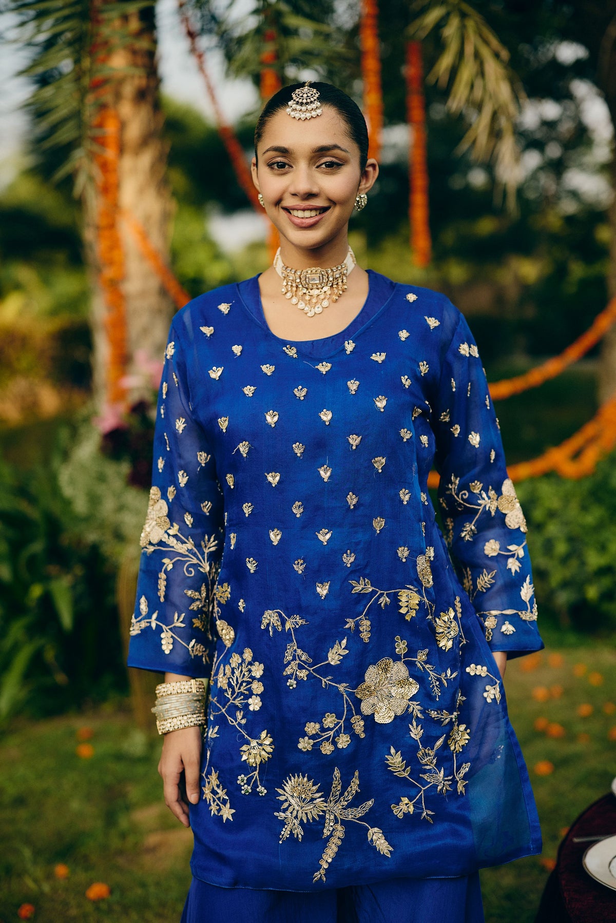 Cobalt Blue Embellished Organza Silk Palazzo Set