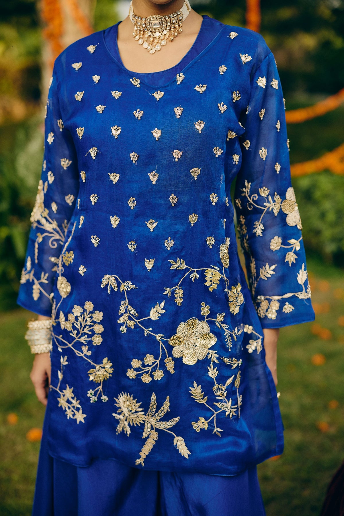 Cobalt Blue Embellished Organza Silk Palazzo Set