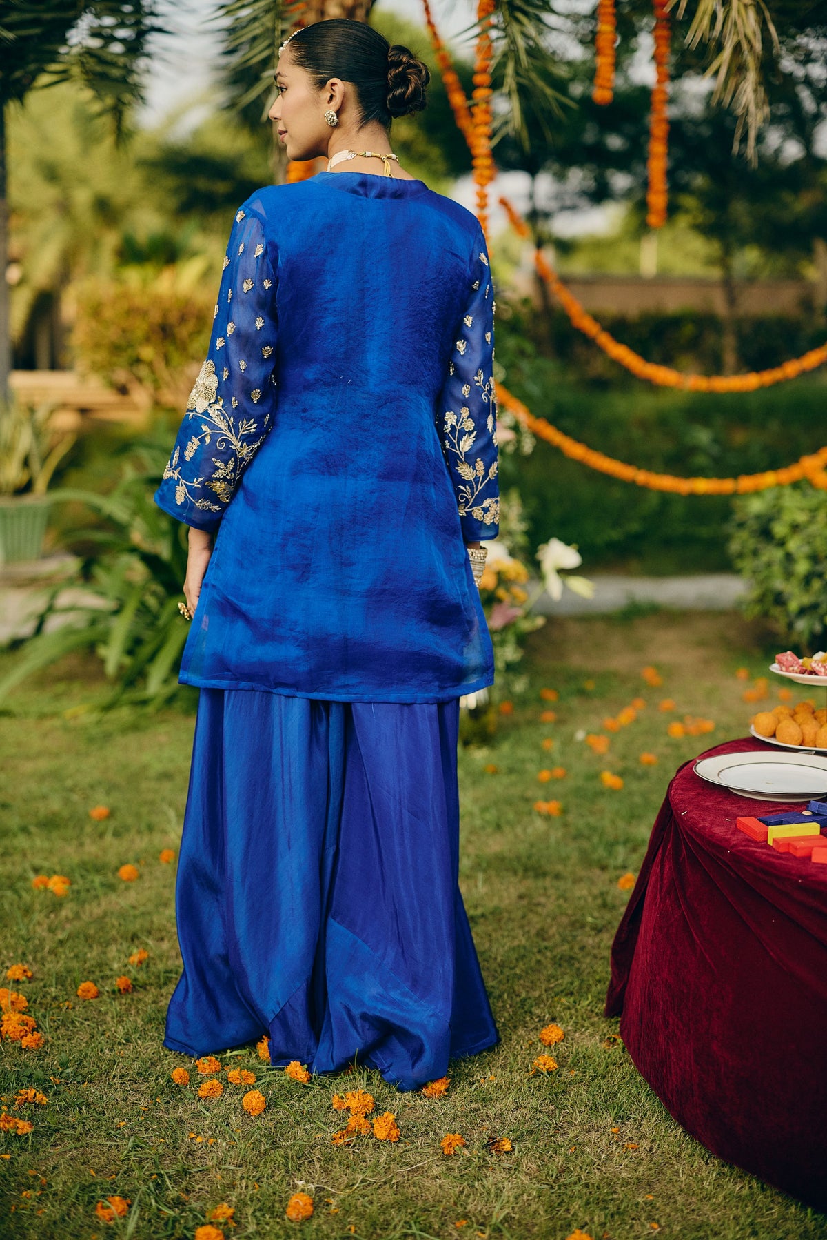 Cobalt Blue Embellished Organza Silk Palazzo Set