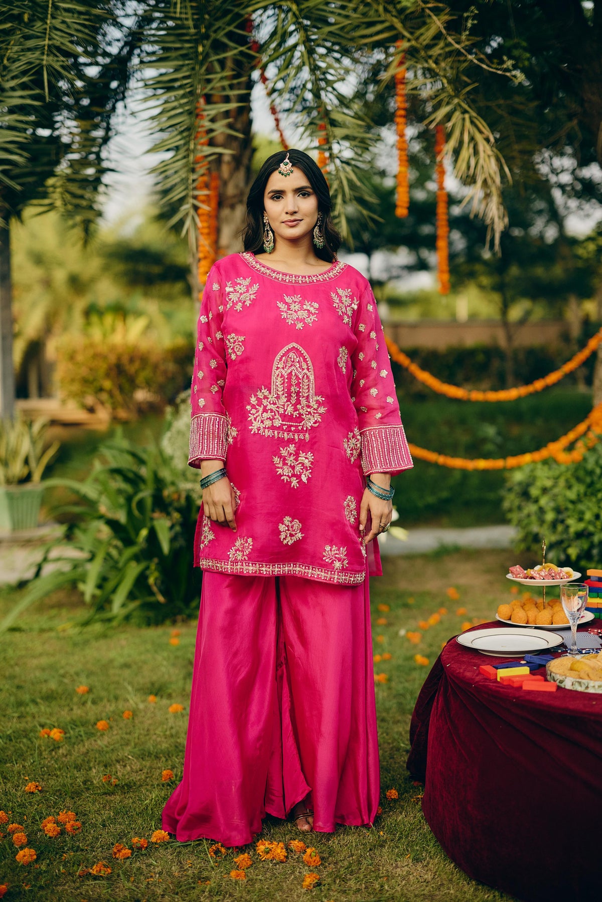 Rani Pink Embellished Organza Silk Palazzo Set