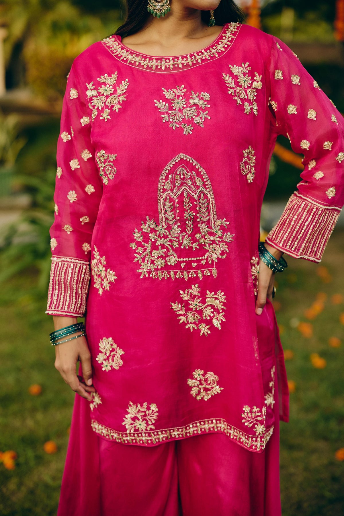 Rani Pink Embellished Organza Silk Palazzo Set