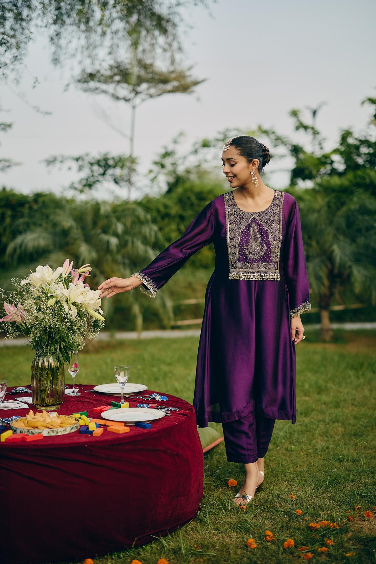 Dark Purple Embellished Crepe Silk Pant Set