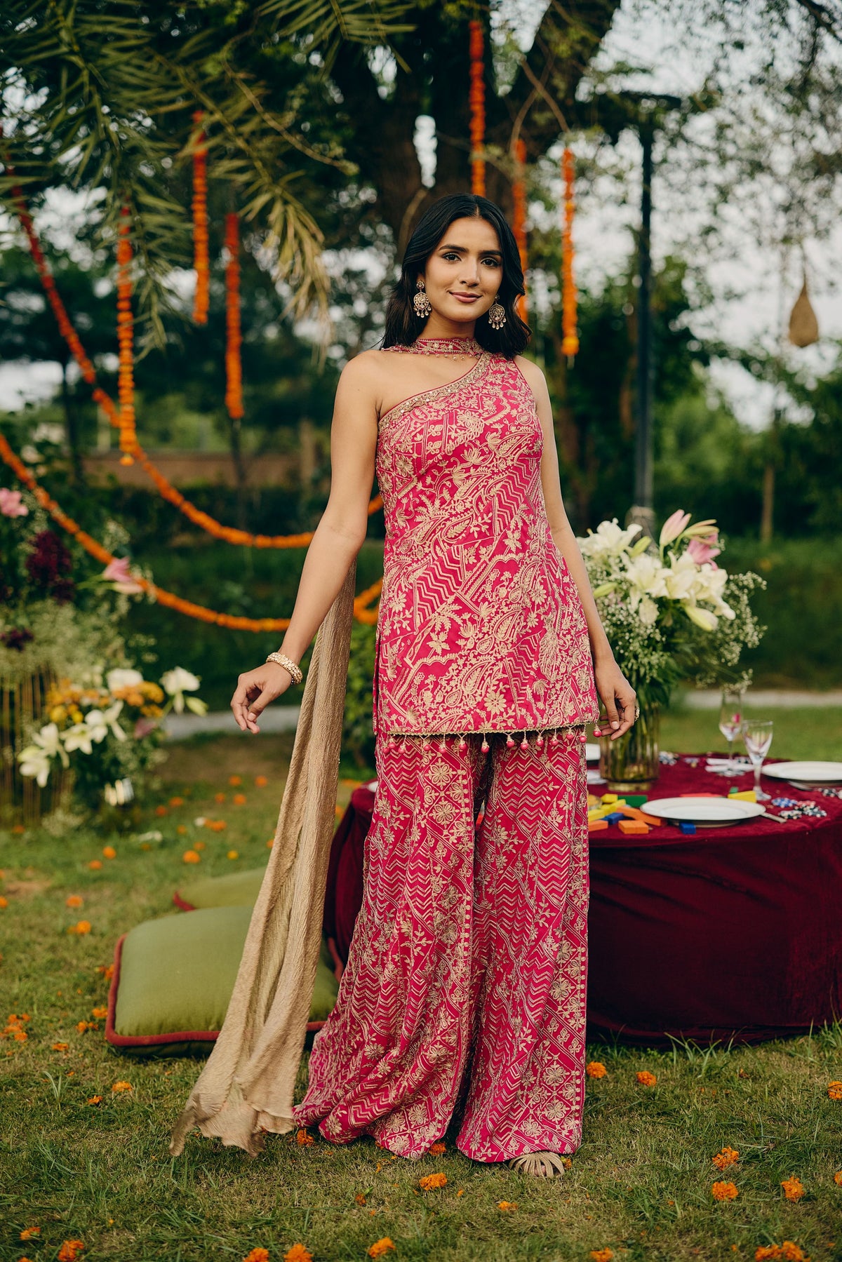 Hot Pink Embroidered Georgette Silk Palazzo Set