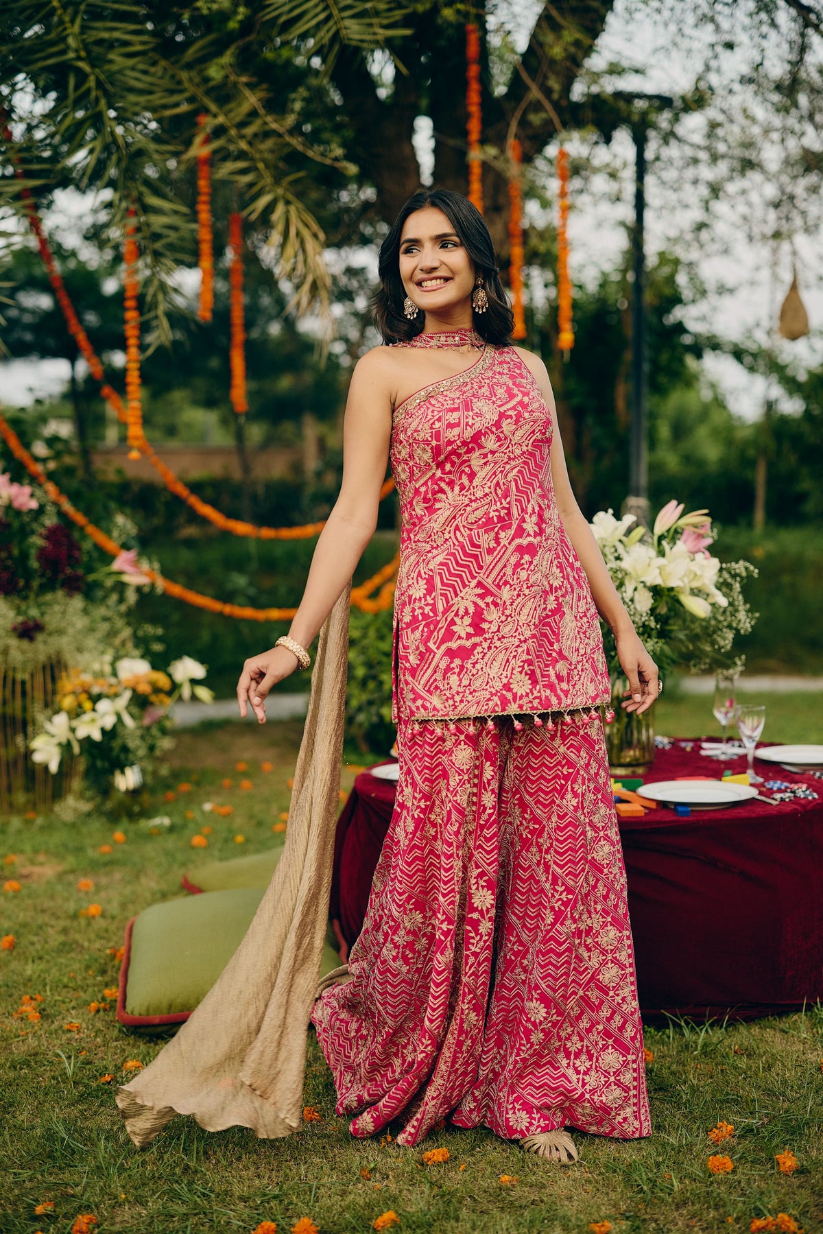 Hot Pink Embroidered Georgette Silk Palazzo Set