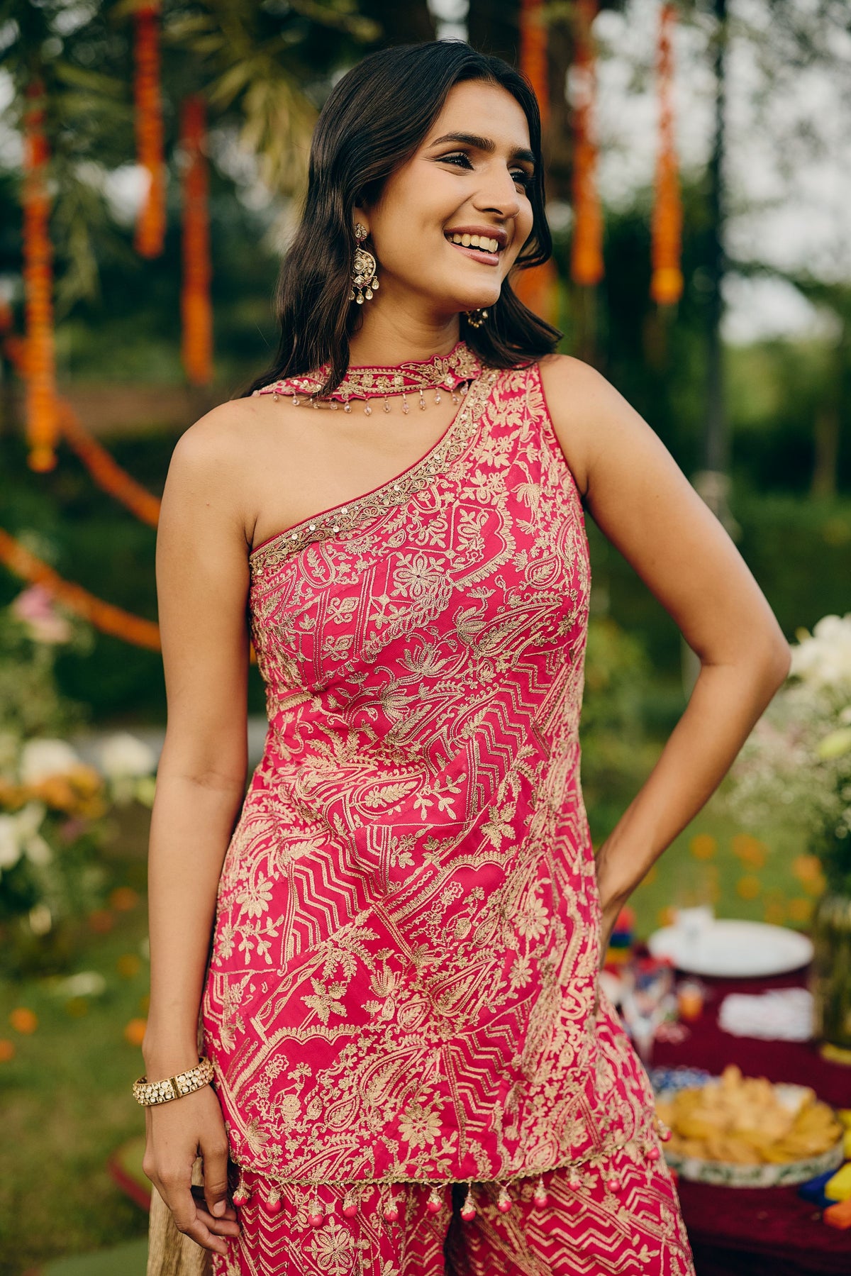 Hot Pink Embroidered Georgette Silk Palazzo Set