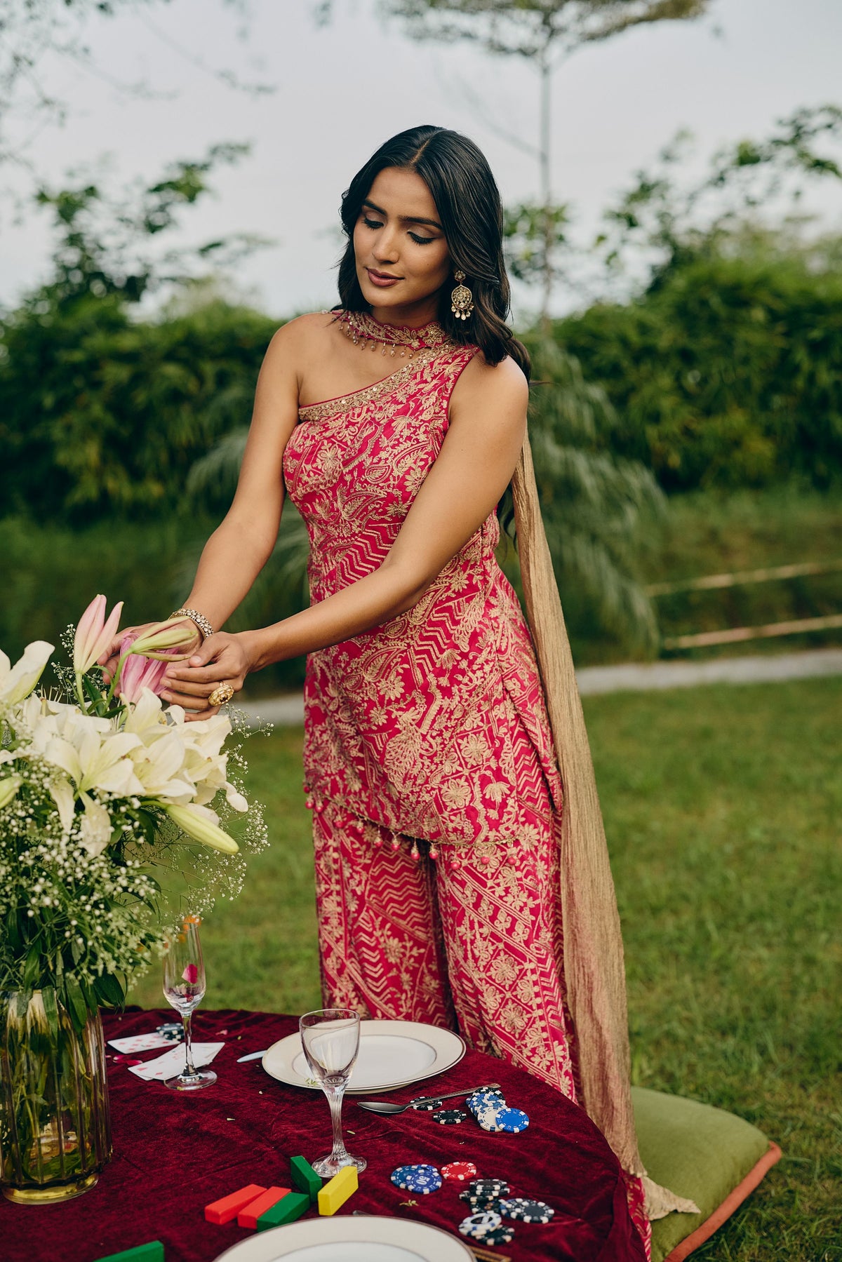 Hot Pink Embroidered Georgette Silk Palazzo Set