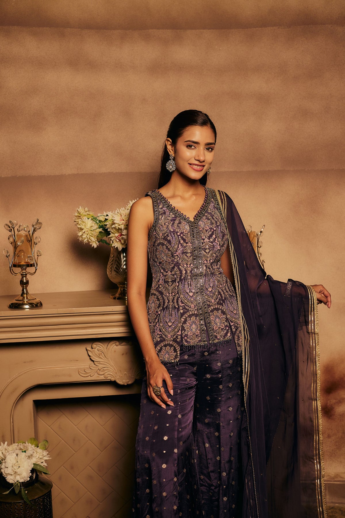 Frosted Purple Embellished Crepe Silk Palazzo Set