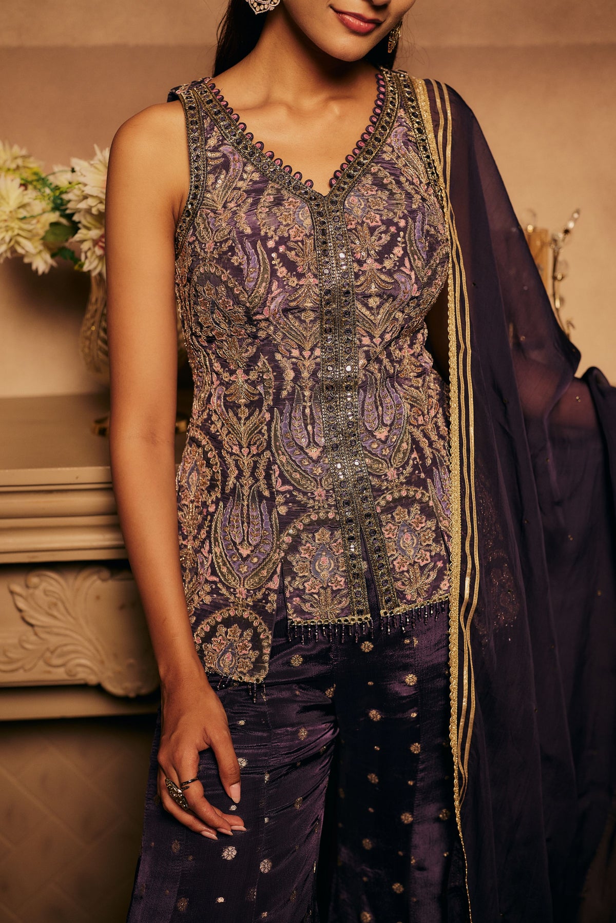 Frosted Purple Embellished Crepe Silk Palazzo Set