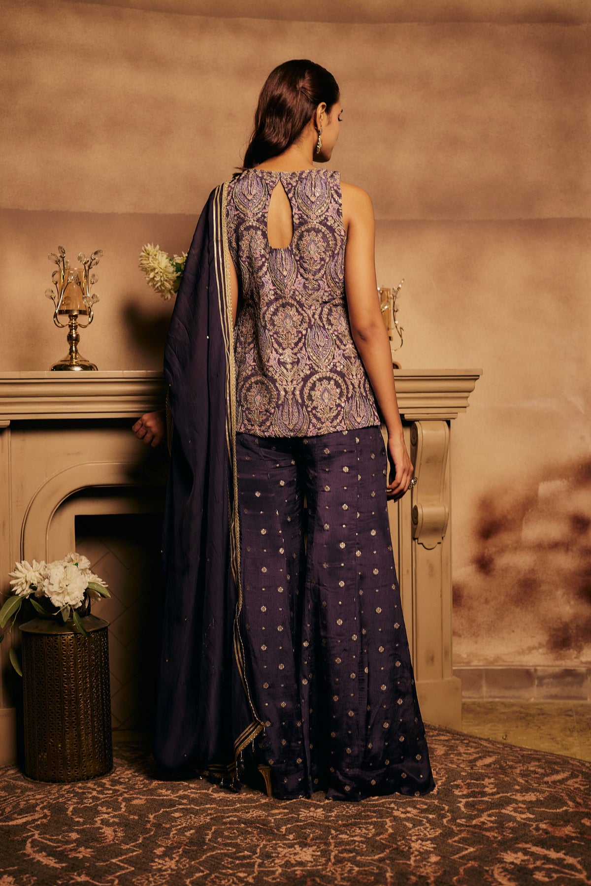 Frosted Purple Embellished Crepe Silk Palazzo Set