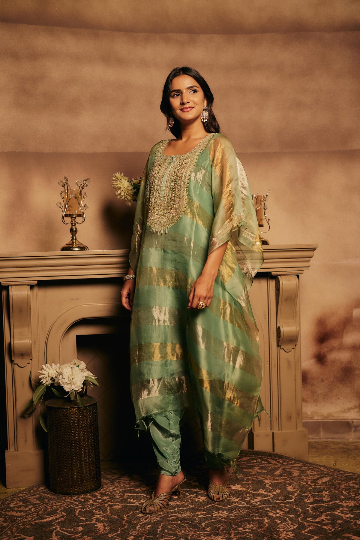 Sage Gold Embellished Shimmer Organza Silk Kaftan Set