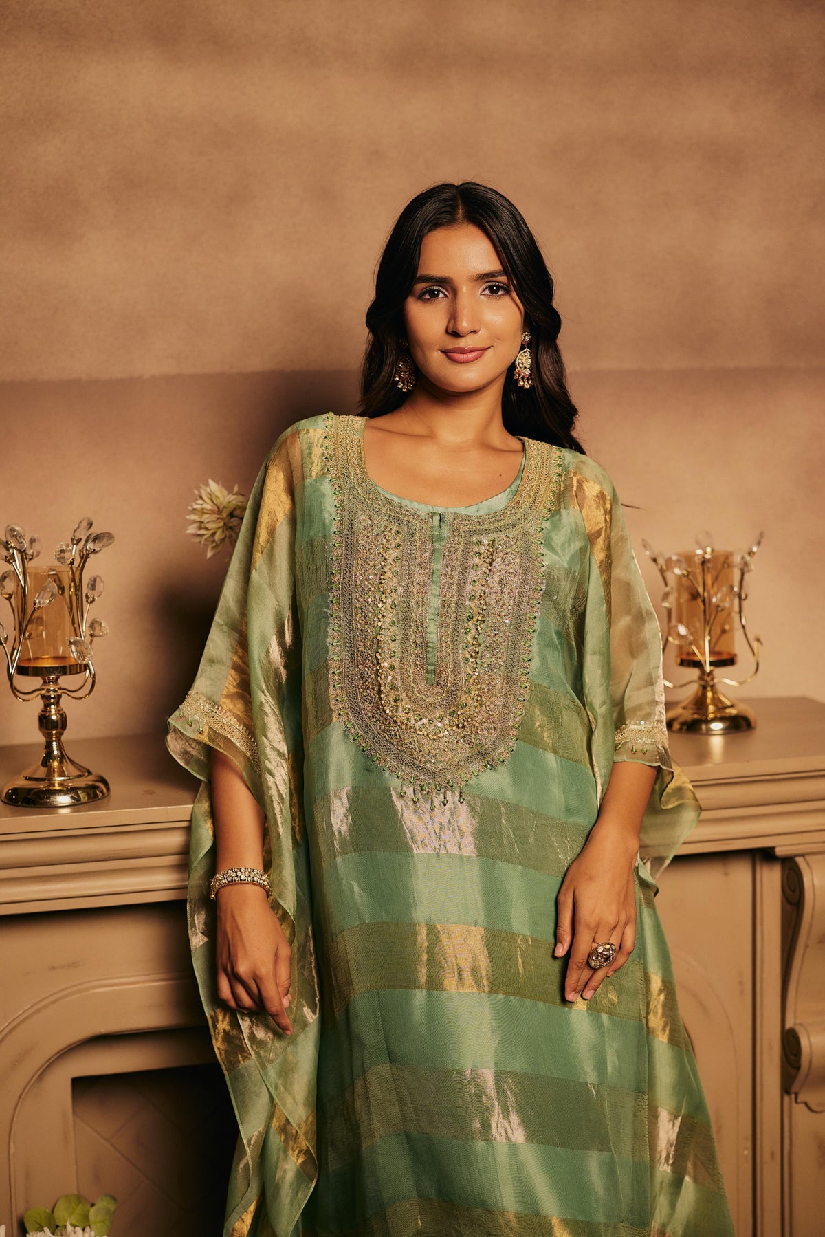 Sage Gold Embellished Shimmer Organza Silk Kaftan Set