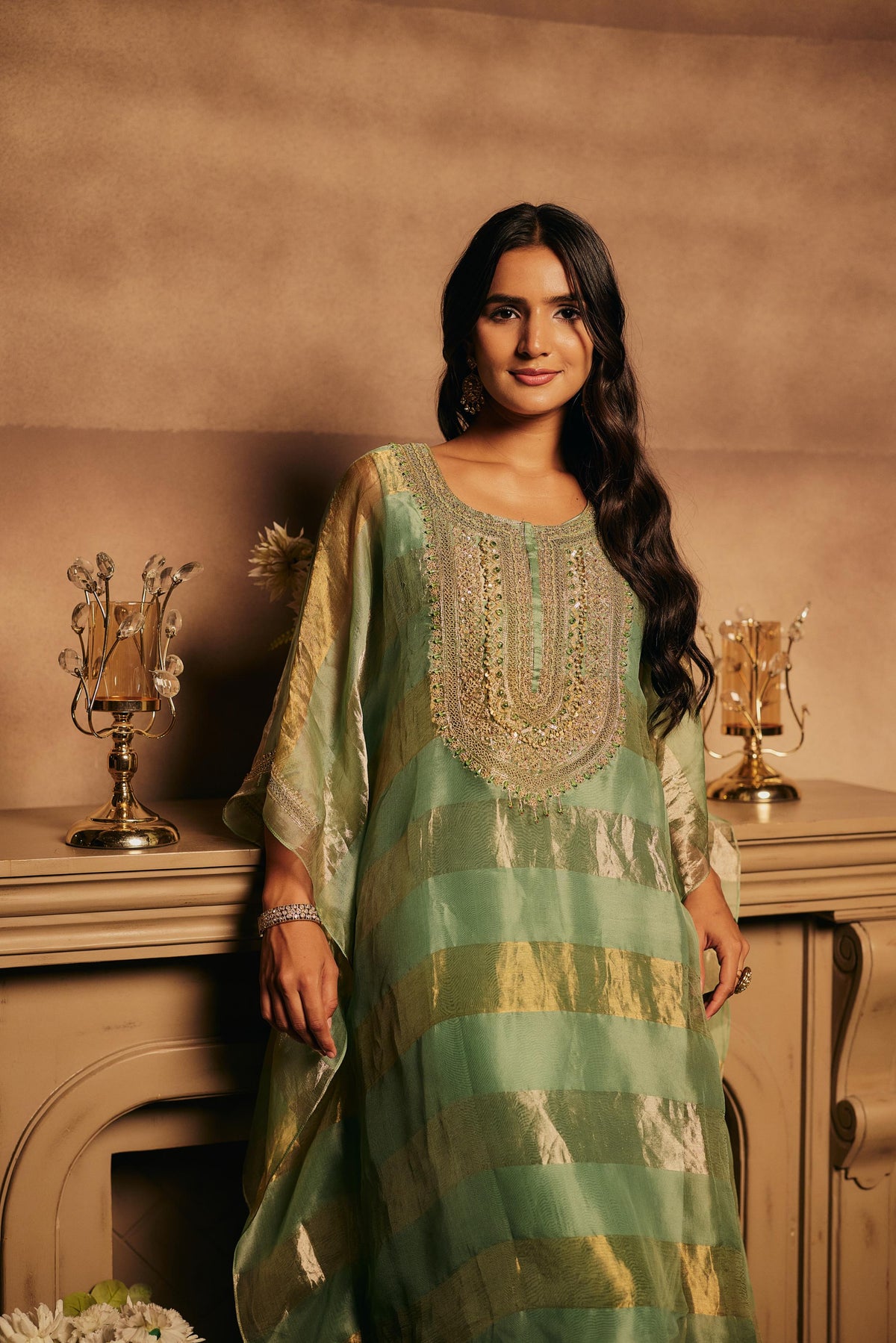 Sage Gold Embellished Shimmer Organza Silk Kaftan Set