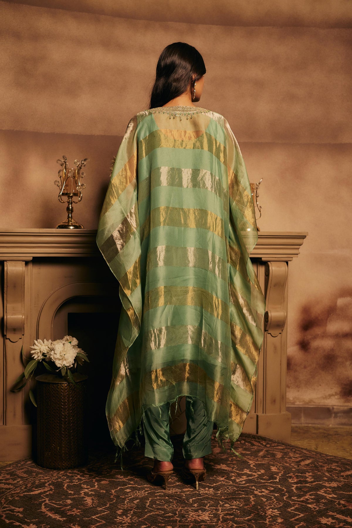 Sage Gold Embellished Shimmer Organza Silk Kaftan Set