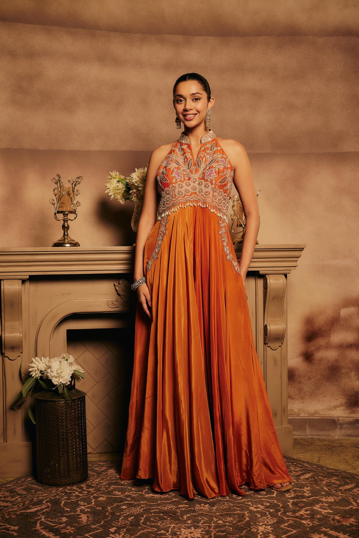 Burnt Orange Embellished Crepe Silk Jumpsuit