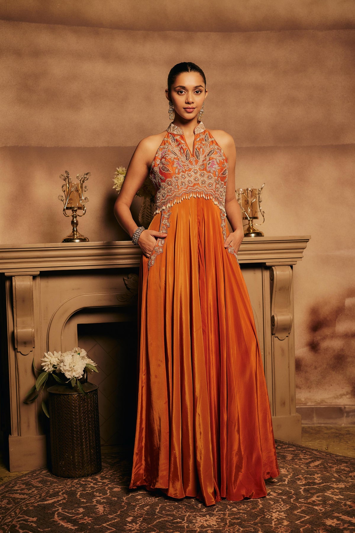 Burnt Orange Embellished Crepe Silk Jumpsuit