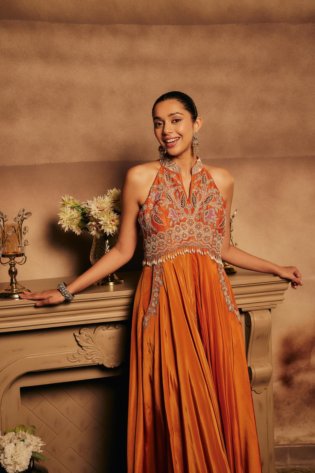 Burnt Orange Embellished Crepe Silk Jumpsuit