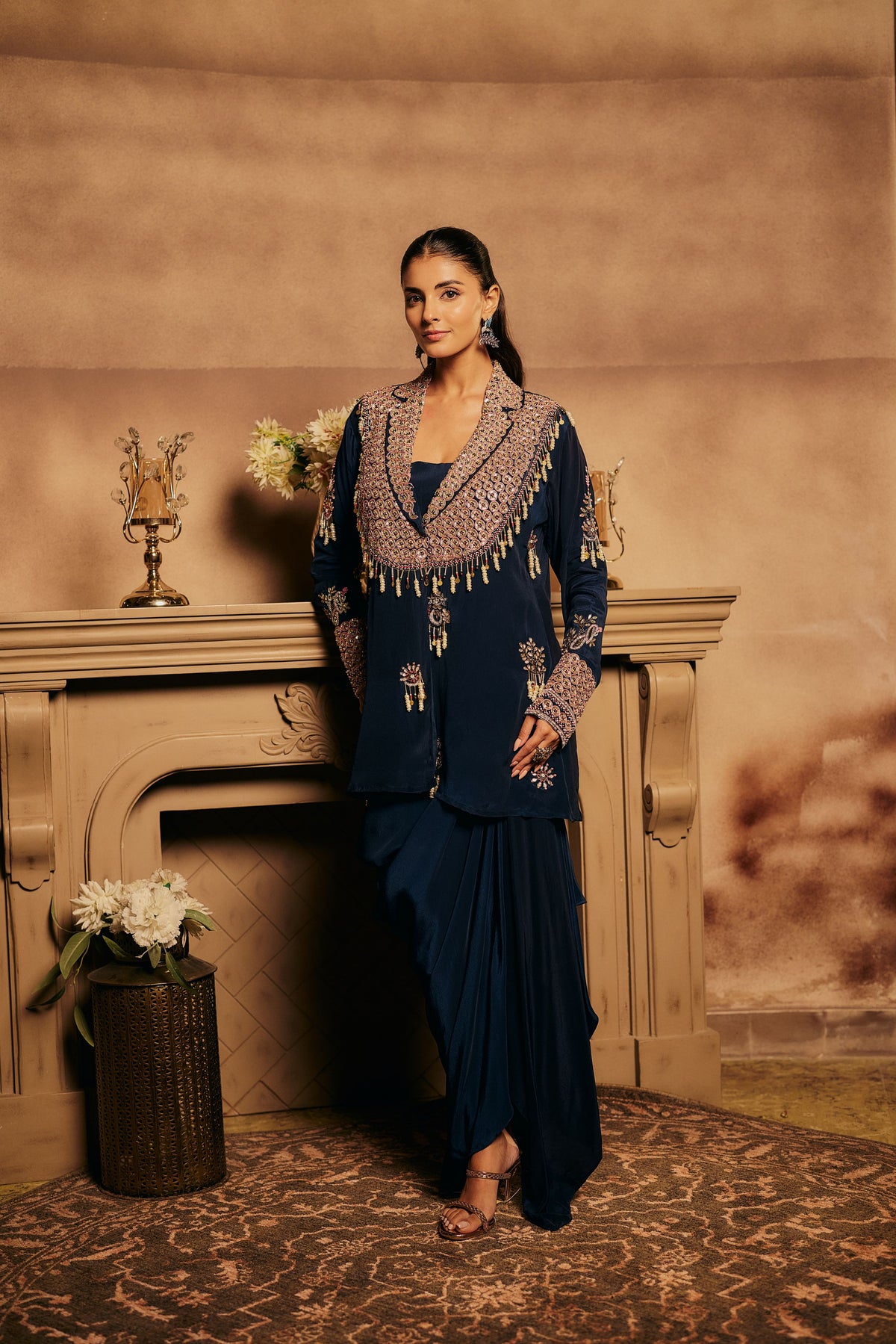 Dark Navy Blue Embellished Crepe Silk Skirt Set