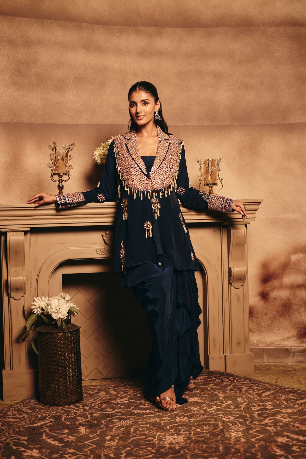 Dark Navy Blue Embellished Crepe Silk Skirt Set