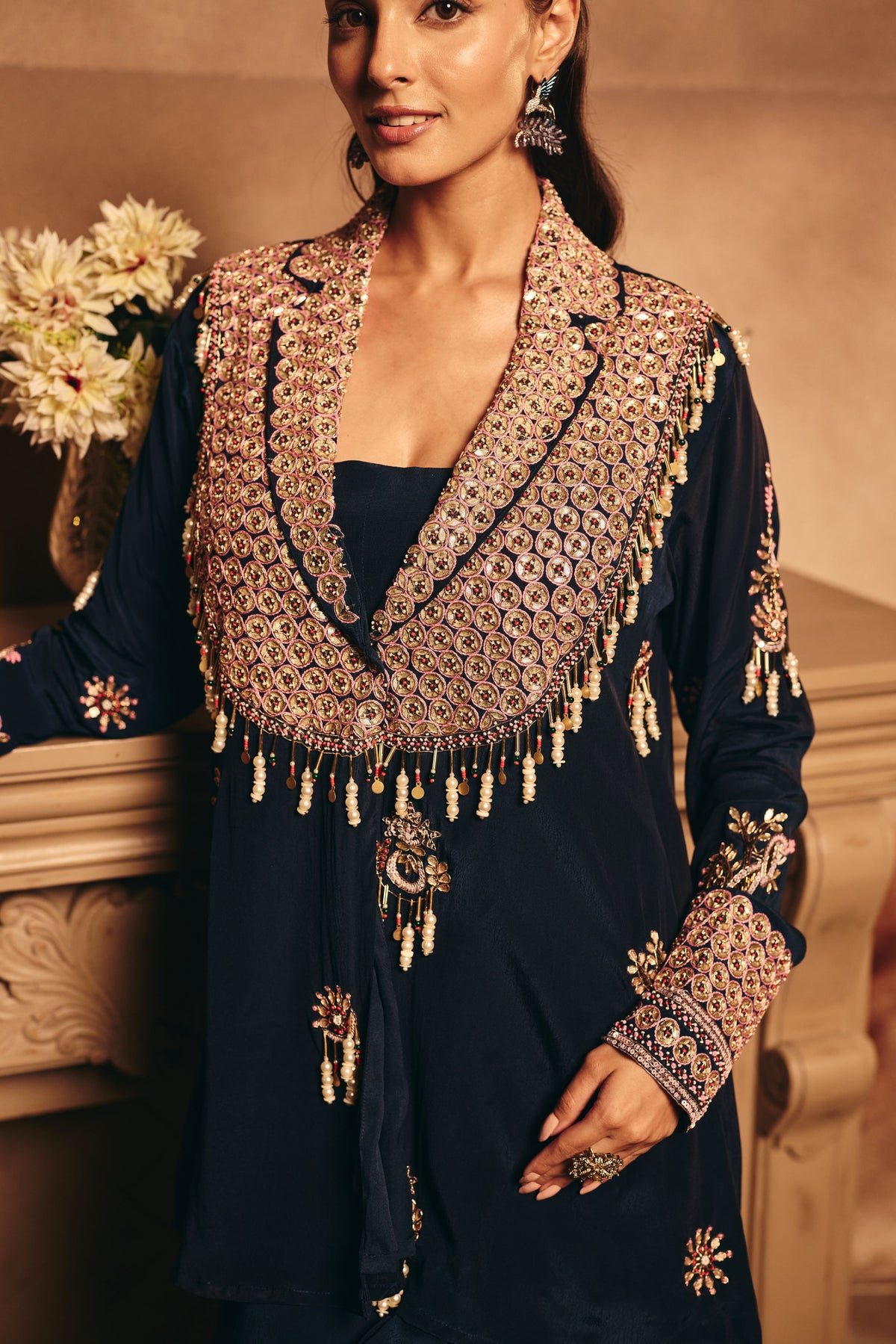 Dark Navy Blue Embellished Crepe Silk Skirt Set