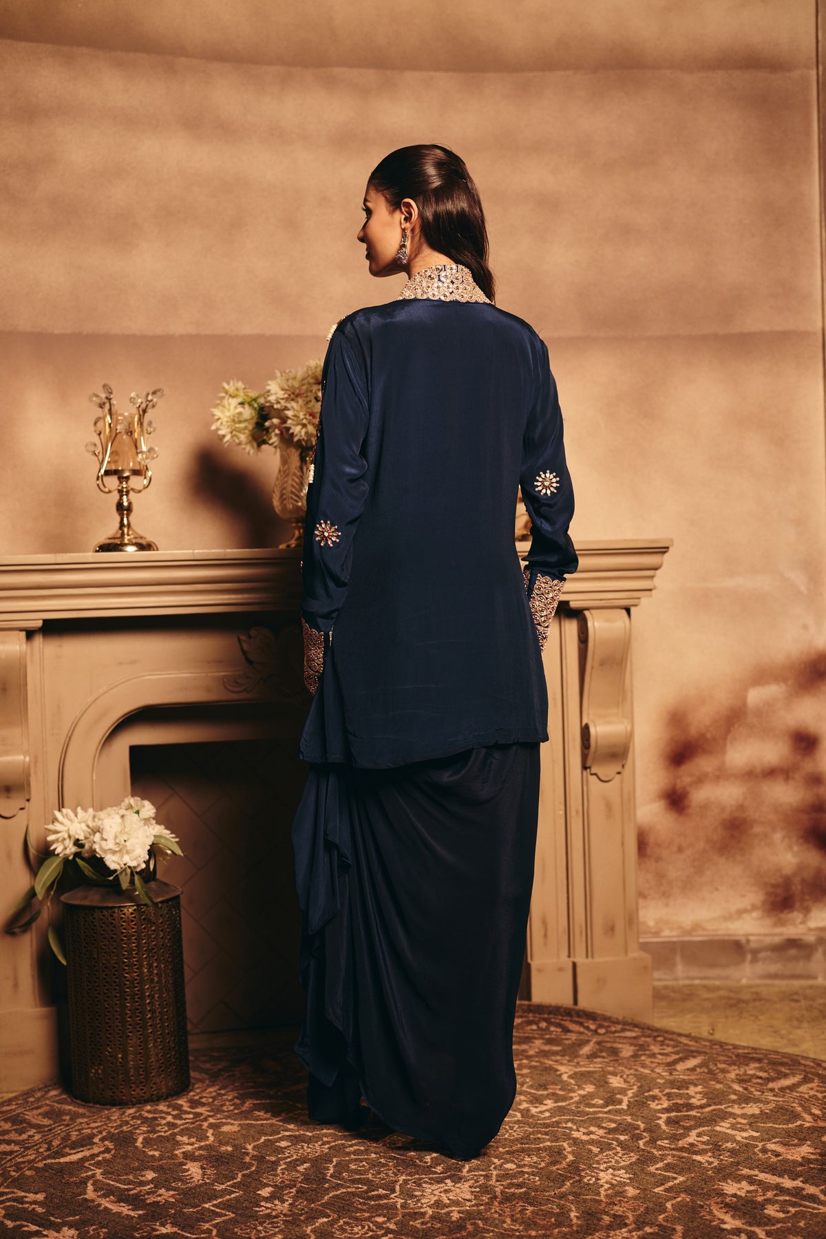 Dark Navy Blue Embellished Crepe Silk Skirt Set