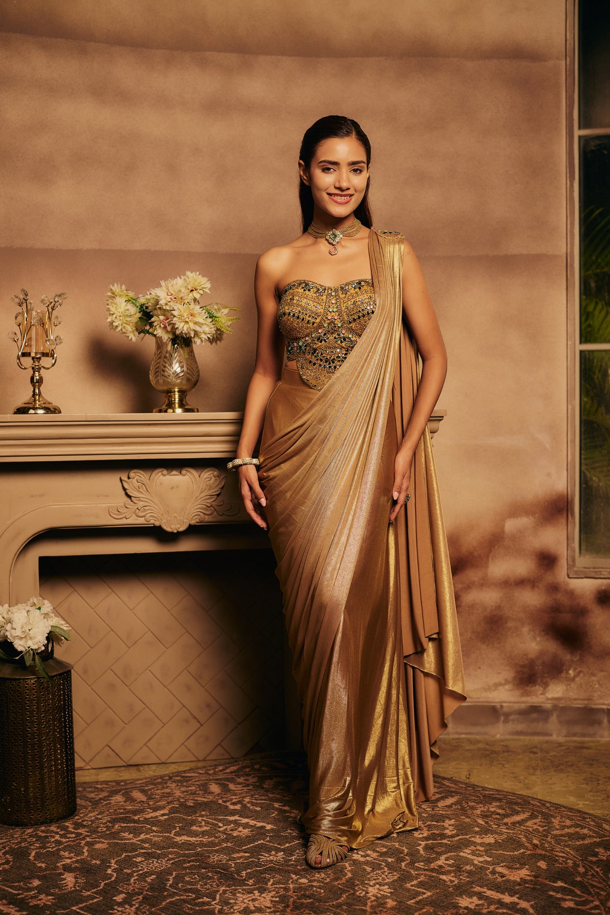 Antique Gold Embellished Spandex Lycra Silk Draped Saree