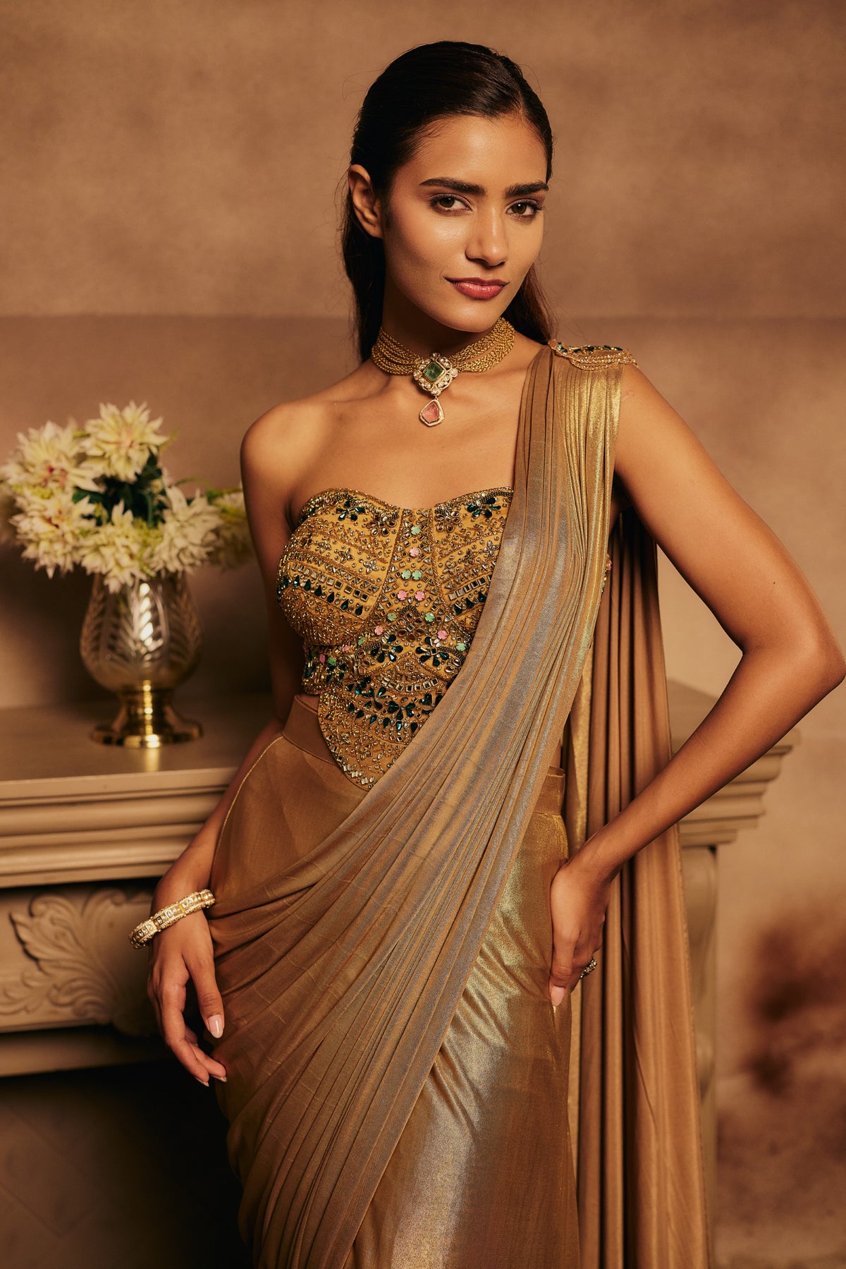 Antique Gold Embellished Spandex Lycra Silk Draped Saree