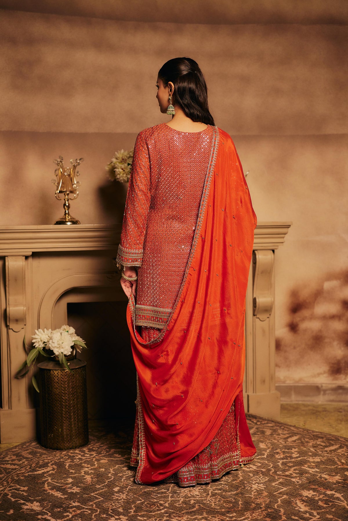 Rust Orange Embellished Chinon Silk Palazzo Set
