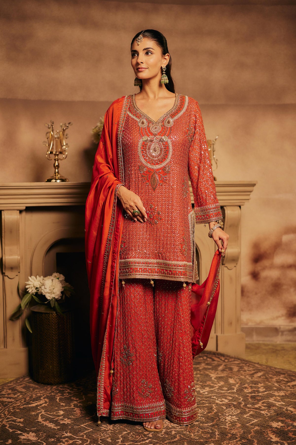 Rust Orange Embellished Chinon Silk Palazzo Set