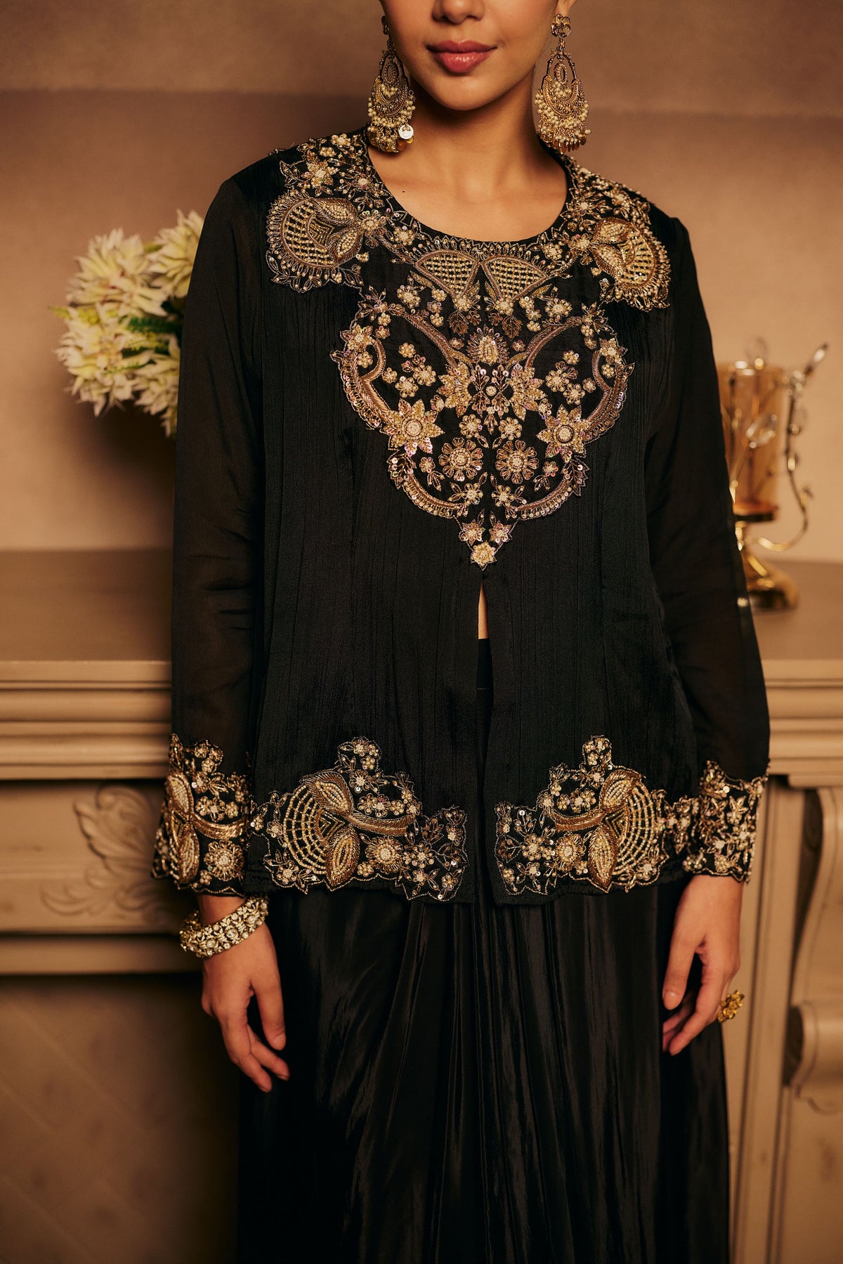Black Onyx Embellished Georgette Silk Skirt Set